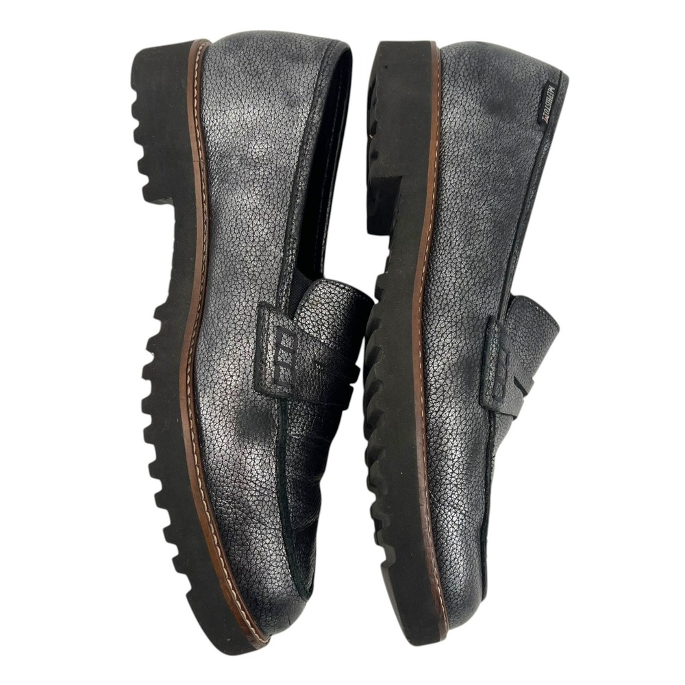 Mephisto Womens‎ Metallic Charcoal Leather Penny Loafers Lug Sole Size 7.5